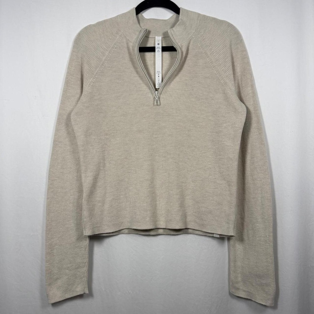 Lululemon Beige Cotton Knit Quarter Zip Sweater in size S